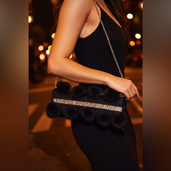 Secret Gardens by Karen Sharf black pom-pom rhinestone baguette clutch - Picture 1 of 11